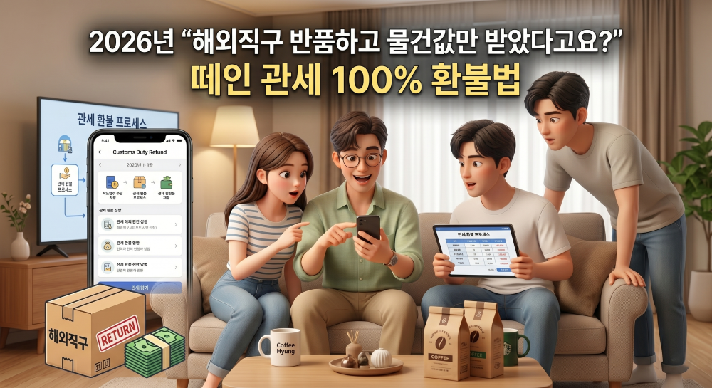해외직구 환불 후 관세 돌려받는 방법을 알려주는 모습을 재현한 캐릭터 이미지