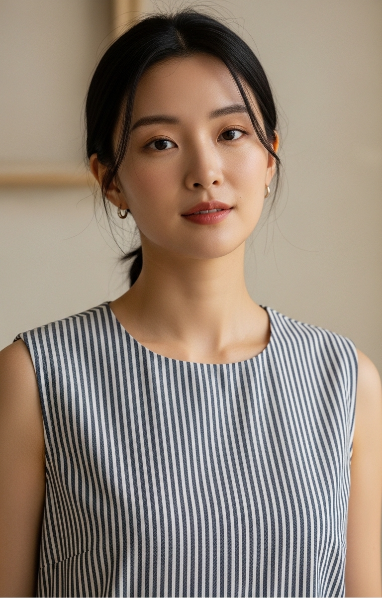 어깨와 부유방 라인을 세련되게 보완해주는 세로 스트라이프 나시탑 이미지
