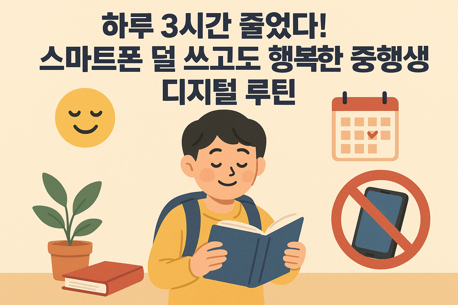 하루-3시간-줄었다!-스마트폰-덜-쓰고도-행복한-중학생-디지털-루틴-책을-읽는-중학생-웃는-이모지-달력-스마트폰-금지-표시-책상-위-화분과-책이-있는-따뜻한-분위기의-2D-일러스트