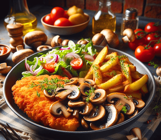 둥그런 쇠 접시에 갈색 돈가스가 있다. 그 위엔 양송이버섯 볶음, 감자튀김, 샐러드가 가득하다.