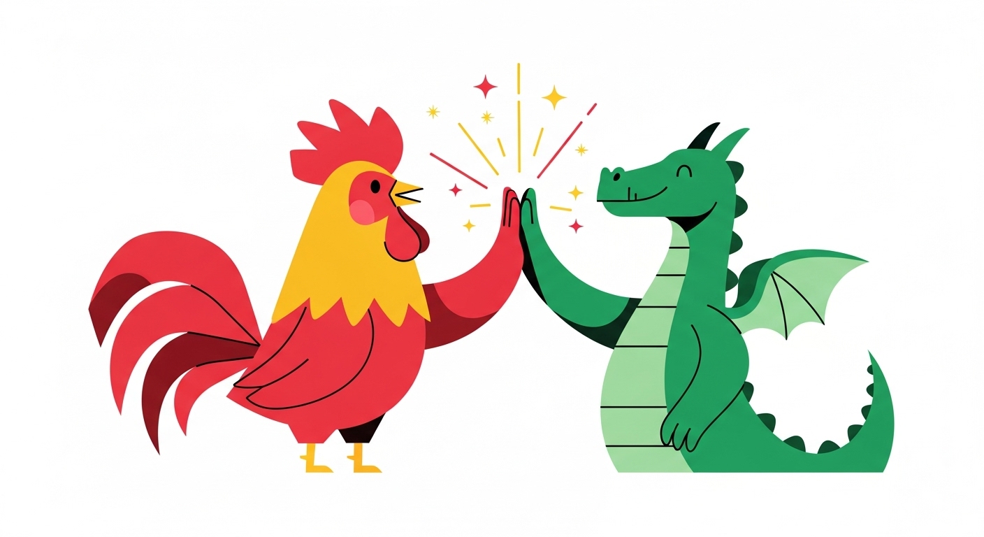 용 캐릭터와 하이파이브를 하며 환상적인 파트너십과 성공을 축하하는 닭 캐릭터 일러스트