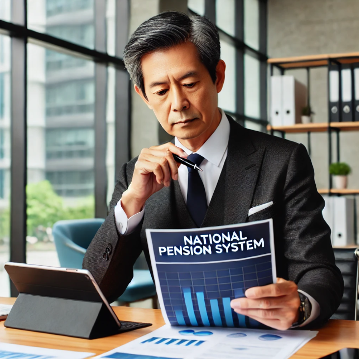 현대적인 사무실에서 국민연금에 대한 문서를 검토하는 사업주