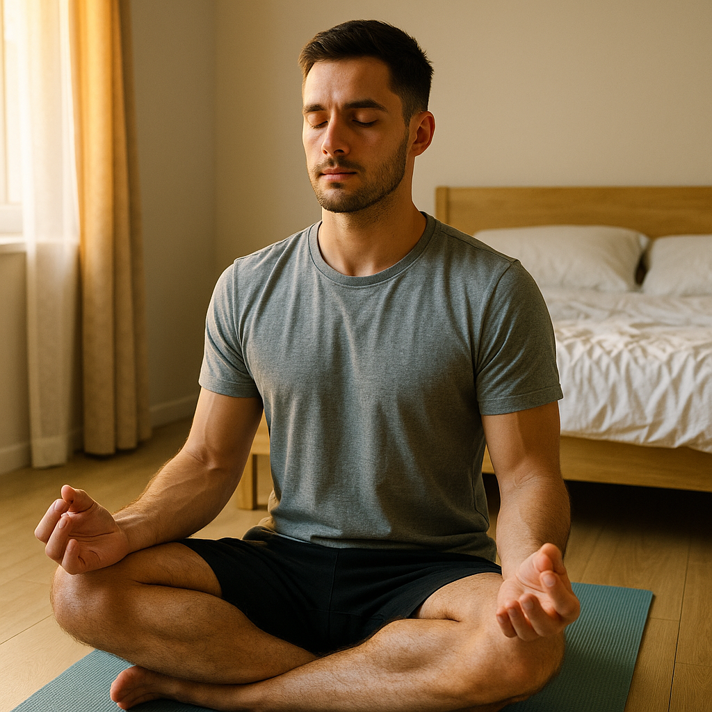 아침 공복 루틴 중 명상하는 남성의 모습