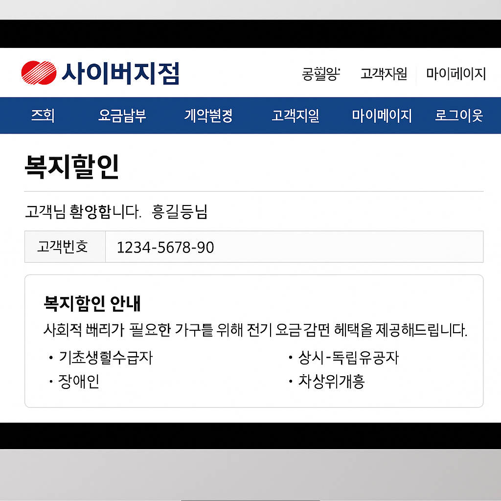 한전 사이버지점 로그인 후 복지할인 화면을 보는 모습