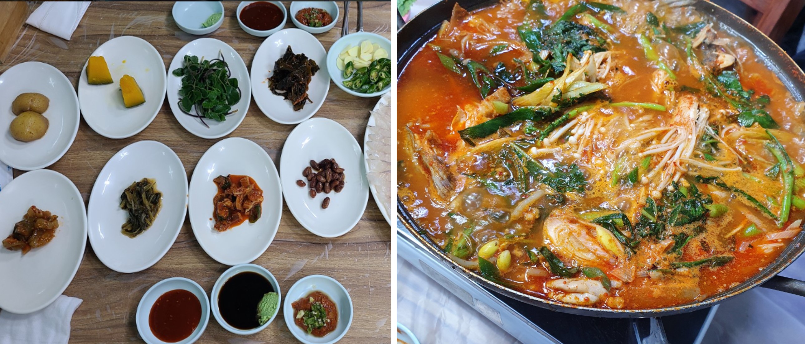 토박이 횟집 기본 반찬과 매운탕 사진입니다.