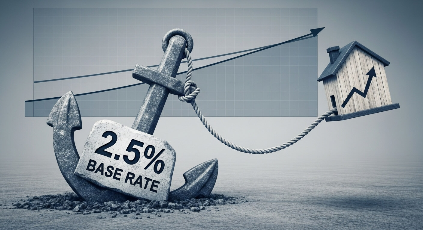 2.5% 기준금리 돗에 집이 날라가는것을 묶어놓고 있는듯한삽화