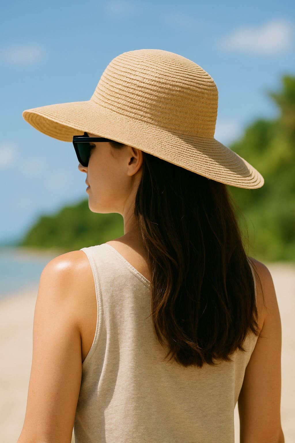 UPF 의류·모자·선글라스로 1차 보조한 여성