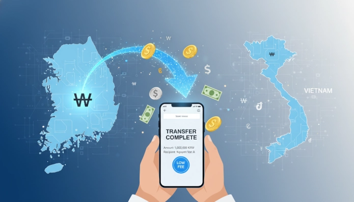 2025년 한국에서 베트남으로 송금하는 과정을 보여주는 이미지. 스마트폰 화면에 낮은 수수료로 돈이 전송되는 모습이 보이고, 한국과 베트남 지도 사이에 푸른 빛의 송금 라인이 연결되어 있습니다.