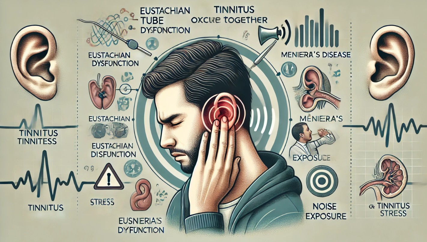 귀를 막고 불편함을 느끼는 사람의 모습과 함께, 이명과 귀 먹먹함의 주요 원인(이관 기능 장애, 메니에르병, 소음 노출, 스트레스)을 나타내는 시각적 요소. 추가적으로 의사 상담 장면, 귀 해부도, 이명을 상징하는 소리파가 포함된 건강 정보 이미지
