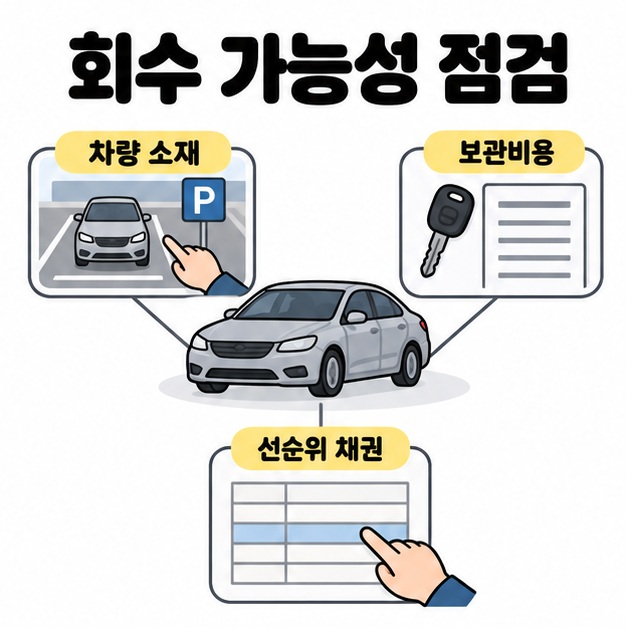 중앙 승용차에 주차된 차량 소재, 열쇠와 보관비용 내역, 선순위 채권 서류를 연결해 회수 가능성 점검 항목을 표현한 그림