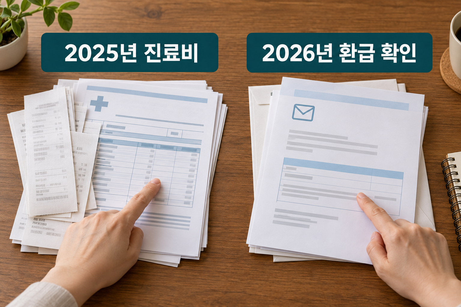 2025년 진료비 서류와 2026년 환급 안내를 구별해 놓은 책상