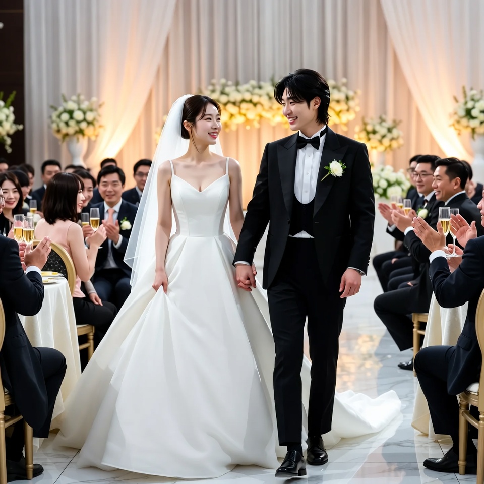 20대 한국 신랑 신부가 하객들의 축하를 받으려 입장하는 모습