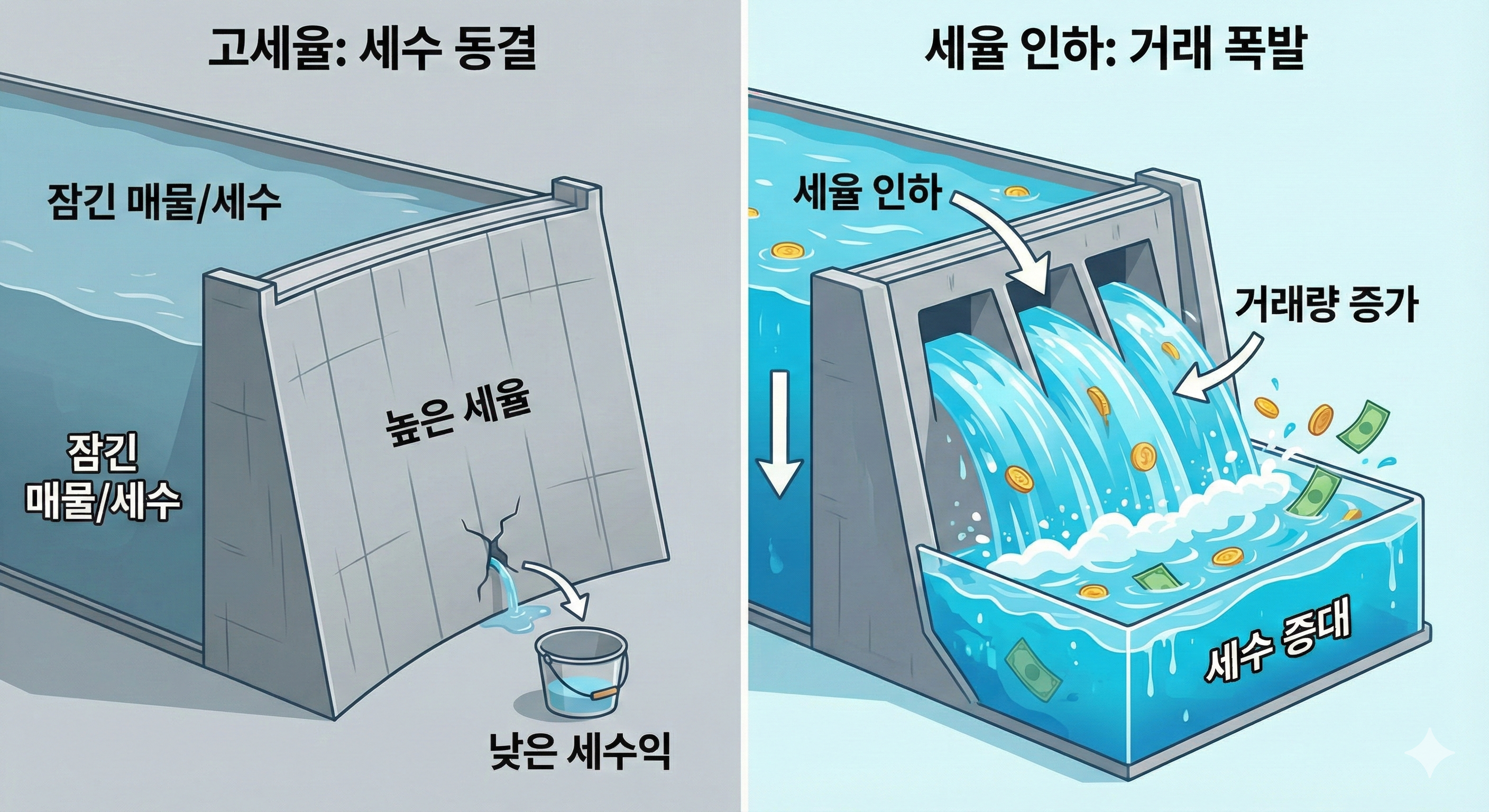 높은 세율의 댐에 막혀 물(세수)이 흐르지 않는 모습과 수문을 열자(세율 인하) 물이 콸콸 쏟아져 나와 더 큰 물통을 채우는 비교 인포그래픽
