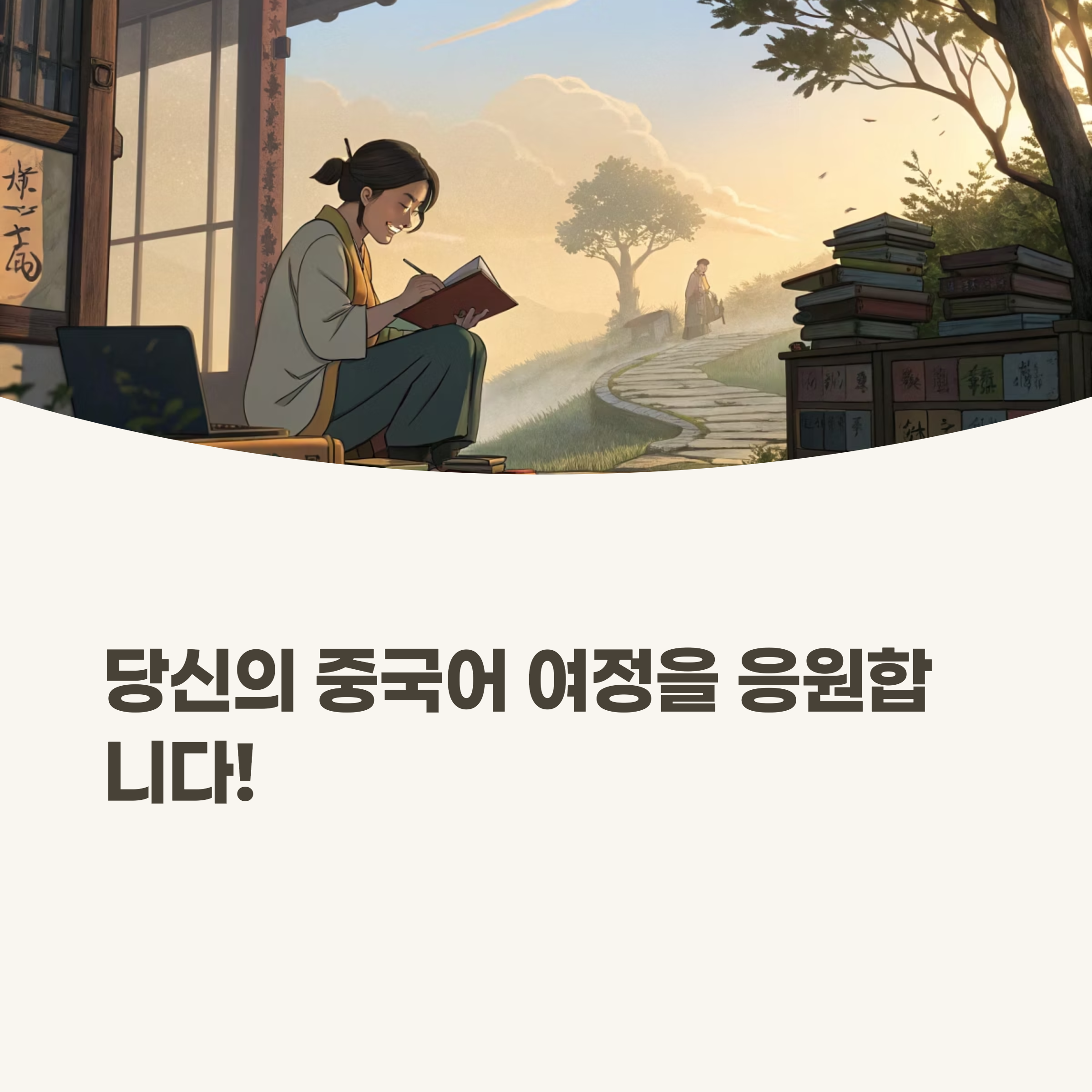 밝게 웃는 사람들과 함께 "加油 (jiāyóu - 힘내세요)" 라는 중국어 응원 문구가 적힌 이미지