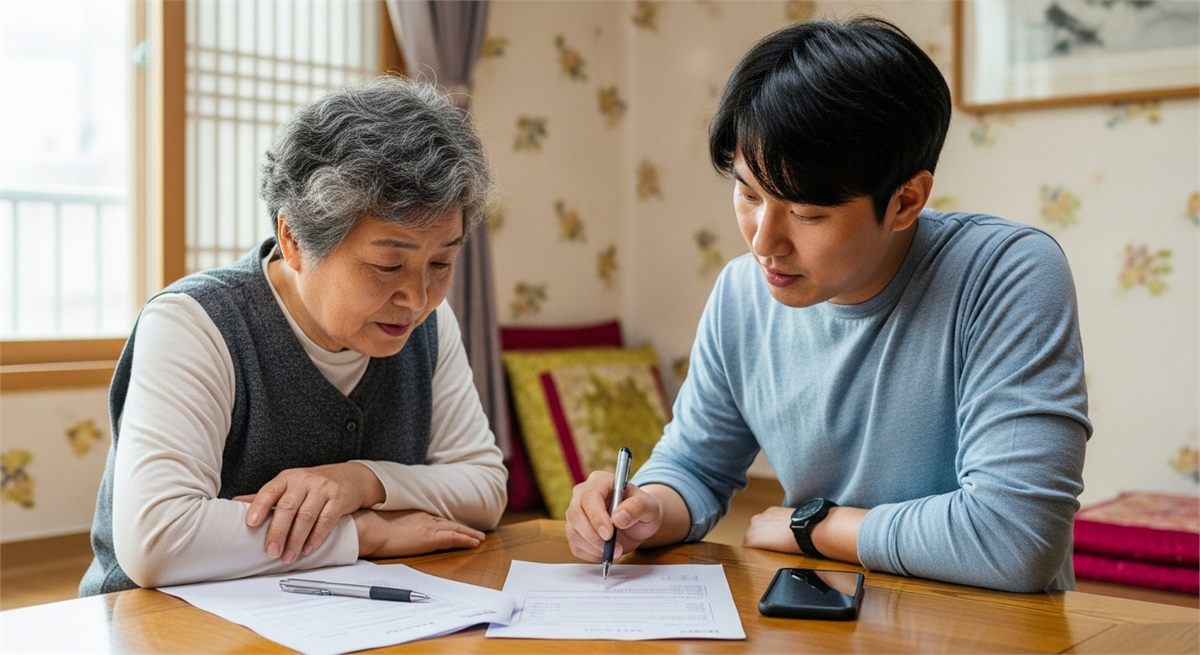 가족 도움을 받아 지원금 신청을 준비하는 고령자의 모습