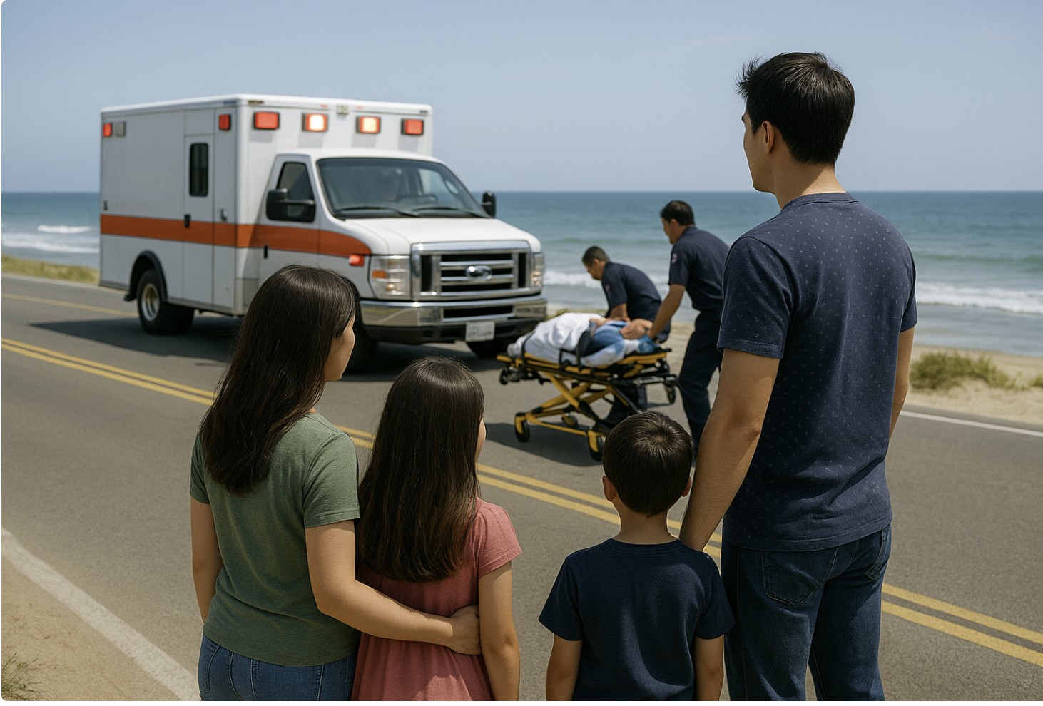 응급 환자 이송을 걱정하며 바라보는 가족