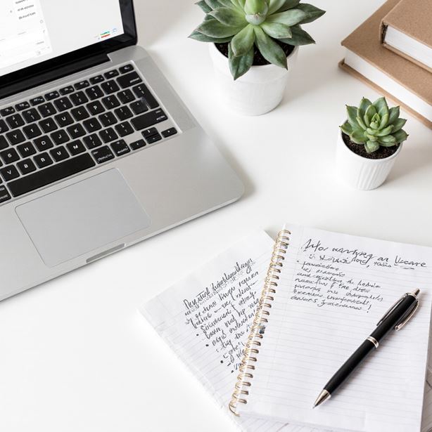 깔끔하게 정리된 화이트 책상 위에 노트북 한 대, 노트, 펜, 그리고 작은 다육식물이 조화롭게 배치된 모습으로, 넘쳐나는 건강정보 속에서도 현명한 선택과 체계적인 관리가 필요함을 표현함