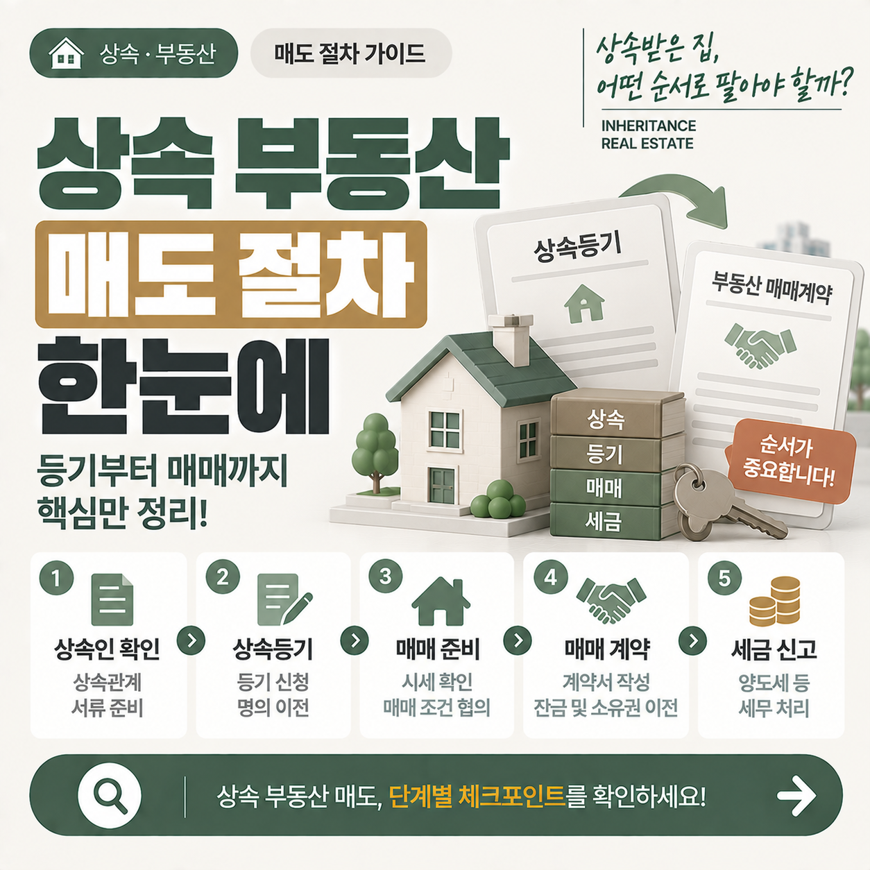 상속받은 부동산을 매도하기 위한 등기와 매매 진행 순서를 안내하는 이미지