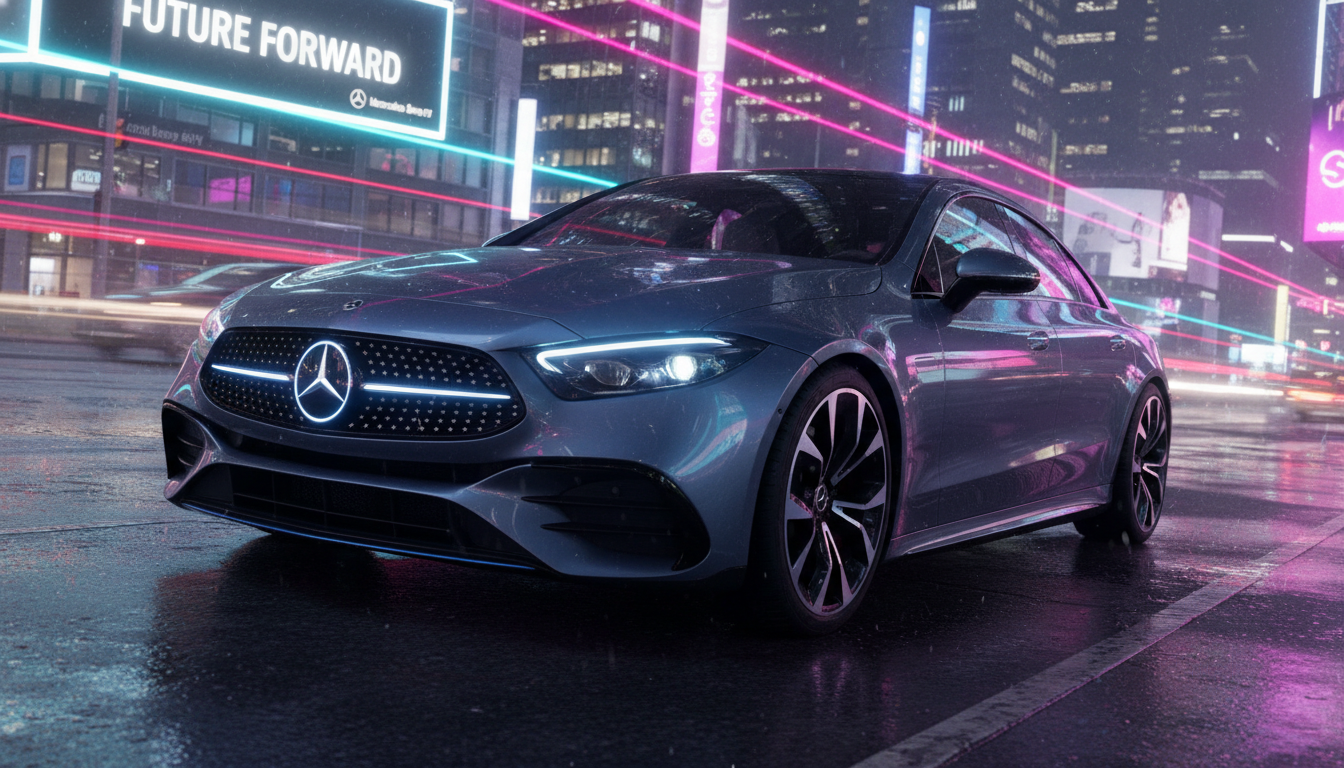 근육질 바디와 스포티한 디자인이 돋보이는 2026년형 벤츠 C클래스 전기차 전면부 야간 모습