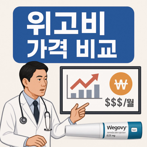 한국인 의사가 위고비 가격 비교를 설명하는 인포그래픽, 그래프와 원화 기호, 위고비 주사 펜 포함