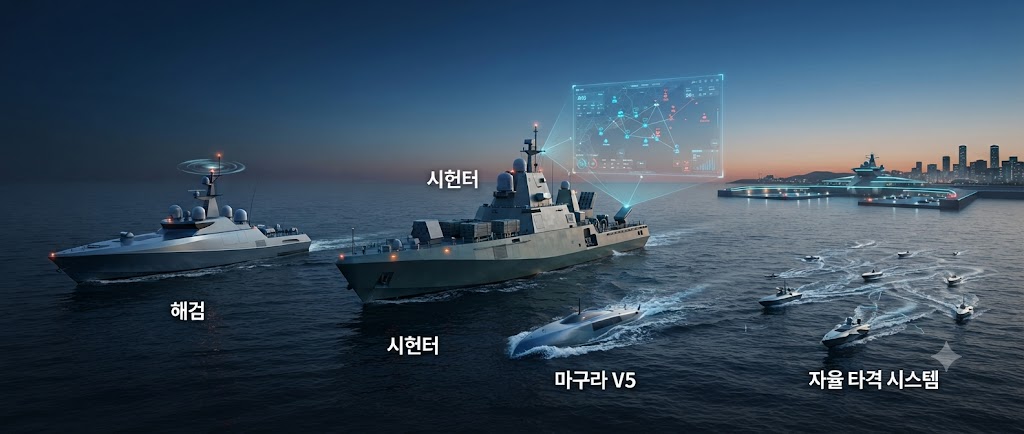 첨단 AI 자율운항 무인 수상정(USV)들이 편대를 이루어 야간 해상을 순찰하고, 상단에 전술 데이터 네트워크 홀로그램이 표시된 미래형 해전 작전 시뮬레이션 일러스트