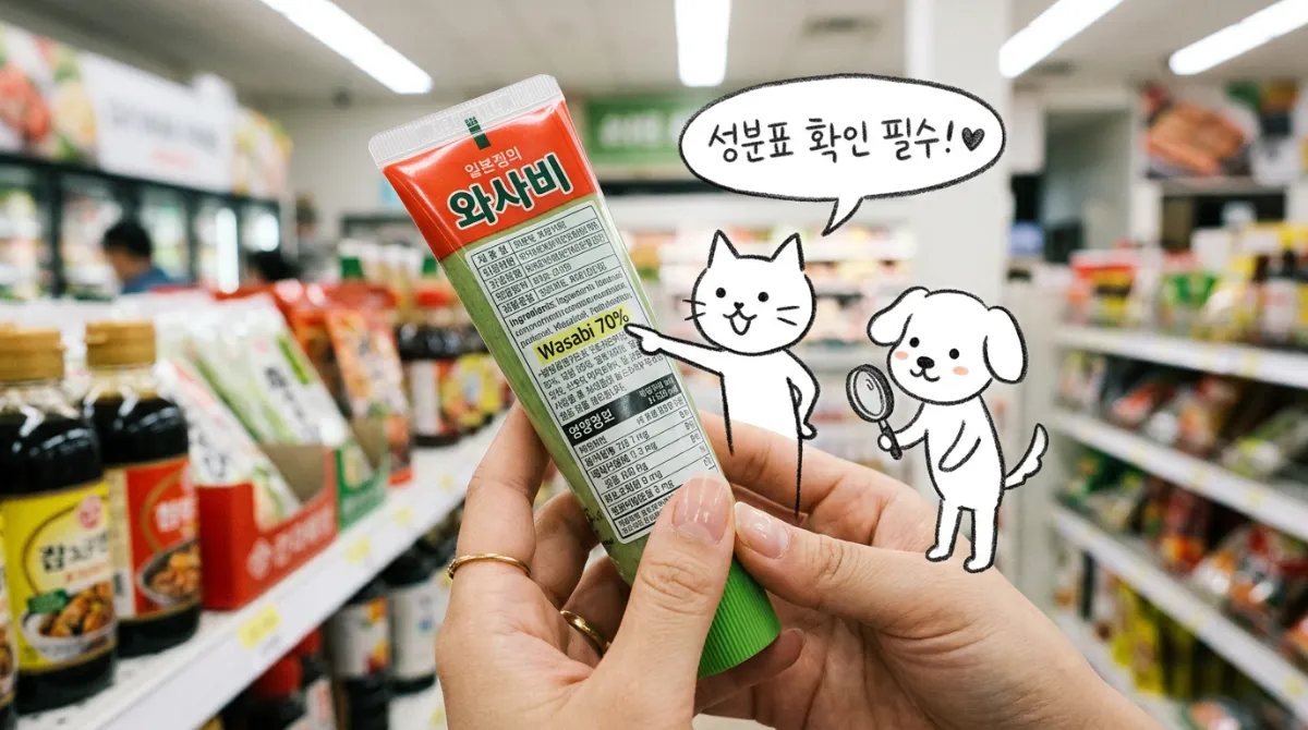 마트 진열대에서 와사비 제품 뒷면 성분표 라벨을 확인하는 모습