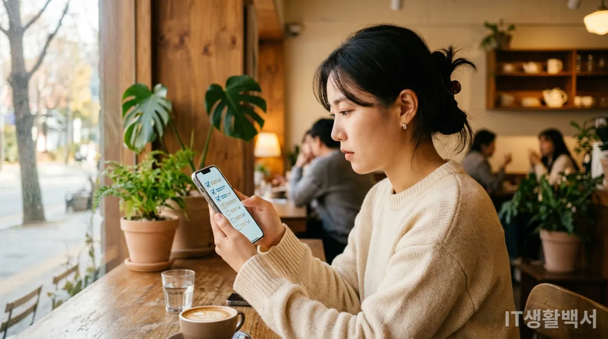 스마트폰 화면에 해킹 자가 진단 체크리스트가 표시된 모습