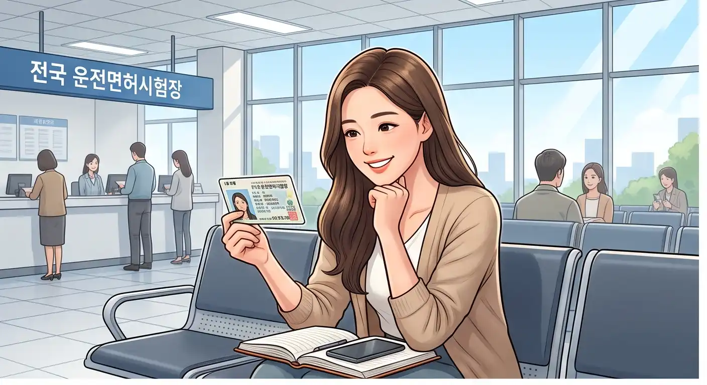 전국 운전면허시험장 대기실에 앉아 발급받은 운전면허증을 미소 지으며 바라보는 사람