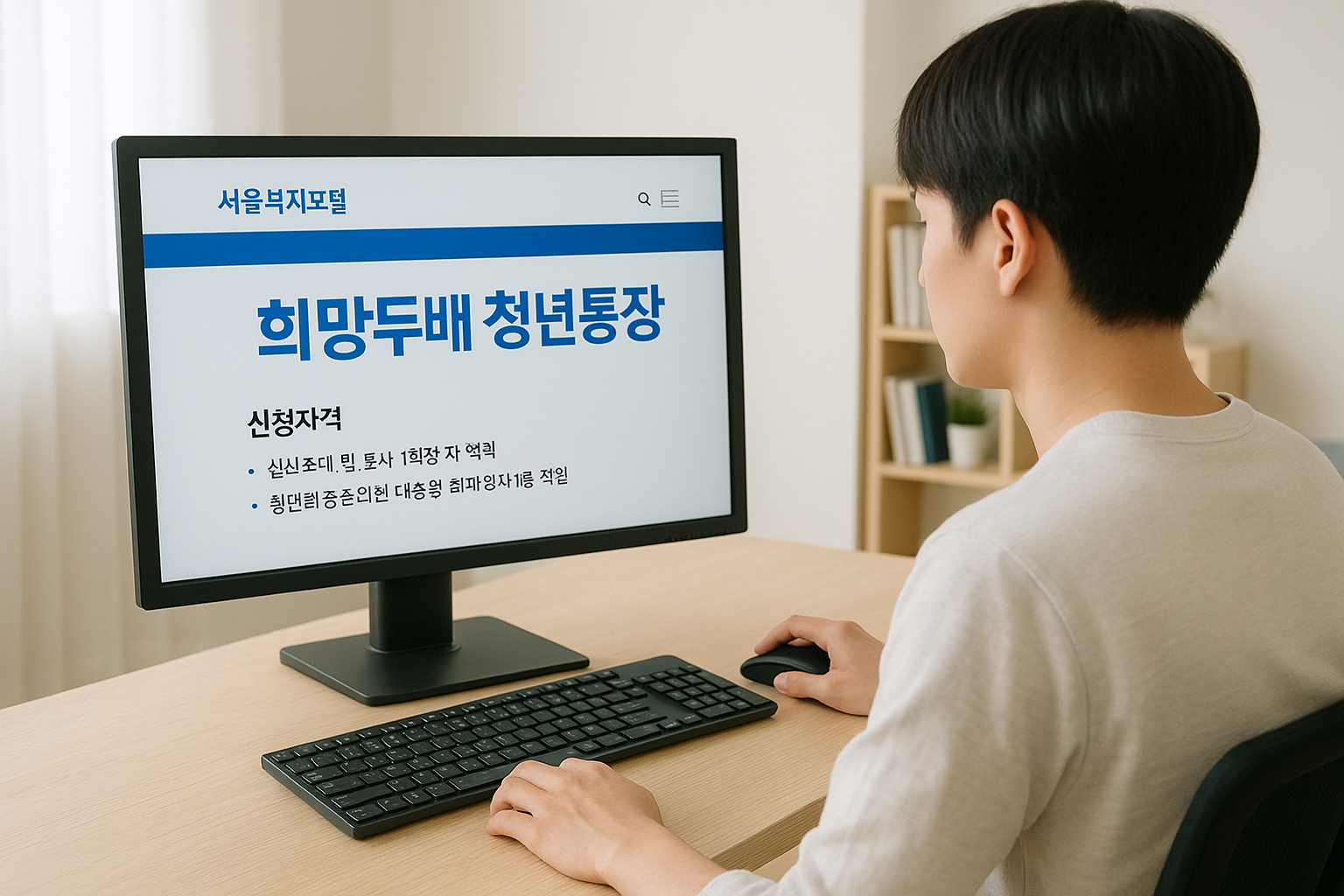 서울에 거주하는 20대 직장인이 컴퓨터 앞에서 ‘서울복지포털’ 사이트를 확인하며 신청 조건을 읽는 모습
