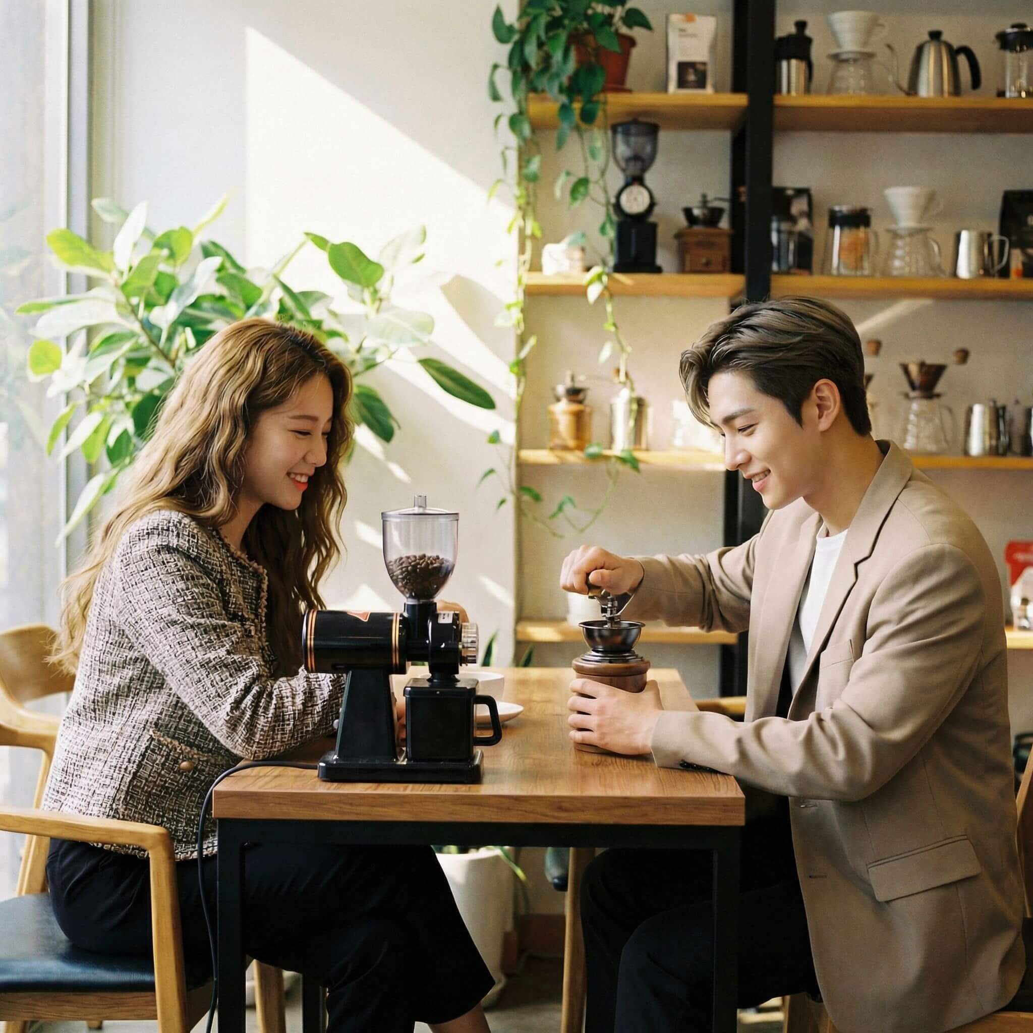 커피 그라인더를 사용하고있는 커플