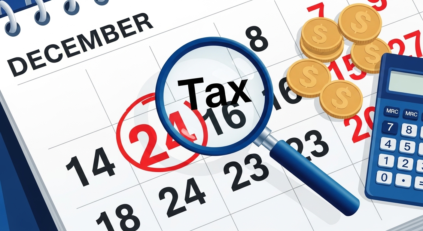 12월 달력에 '세금'이라는 글자가 강조된 모습, 보유세 납부 시기와 계산을 상징.