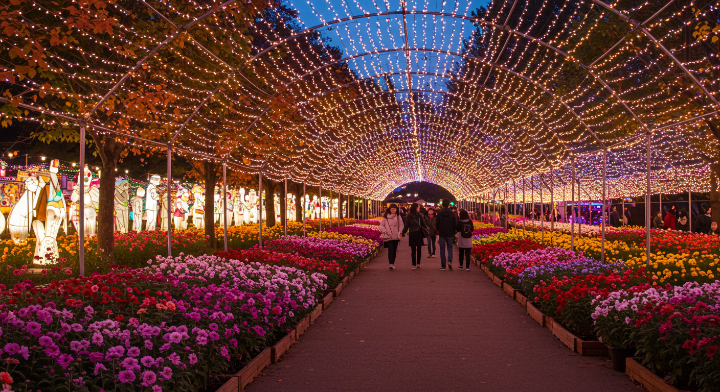 인천 계양 아라온 국화축제의 가을꽃과 LED 조명이 어우러진 야경 썸네일