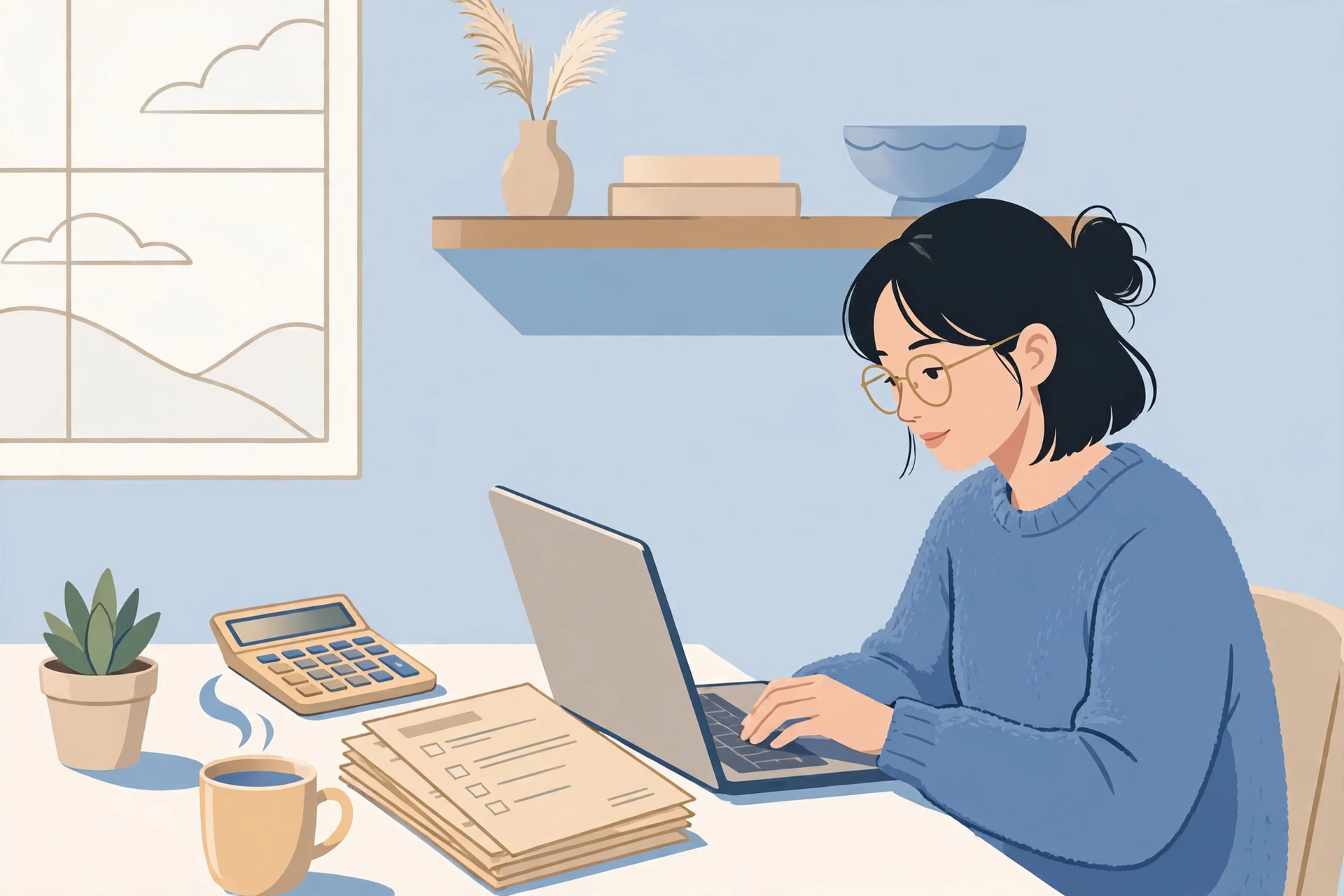 노트북 앞에서 세금 서류와 계산기를 확인하는 프리랜서 일러스트