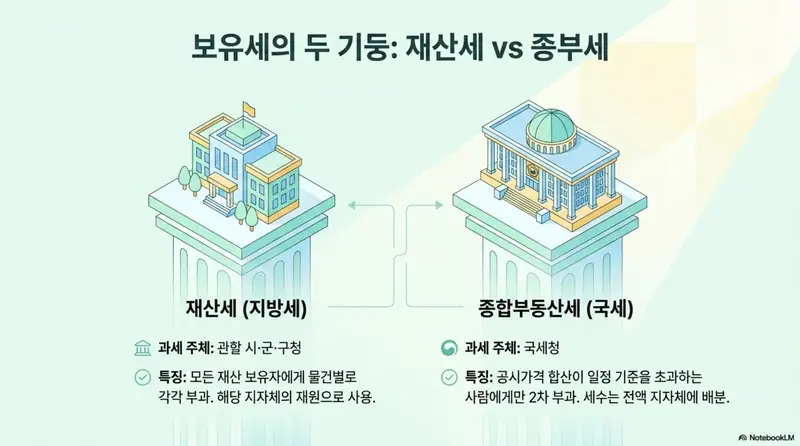 종부세 과세대상: 재산세와 종부세의 기본 구조를 비교한 인포그래픽. 왼쪽에 재산세(지방세&amp;#44; 시&middot;군&middot;구청 부과&amp;#44; 물건별 과세)를&amp;#44; 오른쪽에 종합부동산세(국세&amp;#44; 국세청 부과&amp;#44; 인별 합산 과세)를 건물 일러스트와 함께 대비하여 정리한 이미지