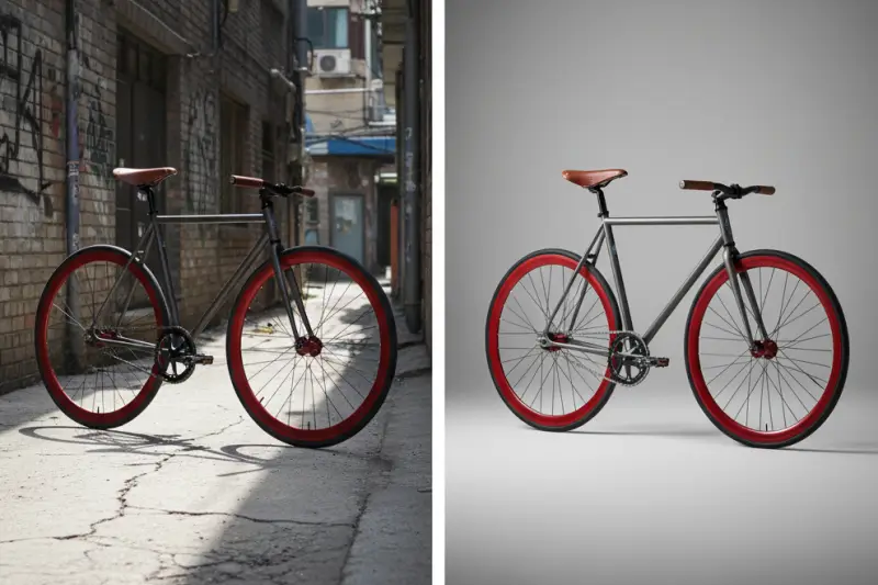 프롬프트를 활용해 일반 자전거 사진을 전문 스튜디오 사진처럼 배경 교체한 연출 사례