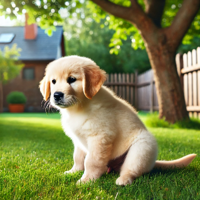 야외에서 배변하는 리트리버 강아지