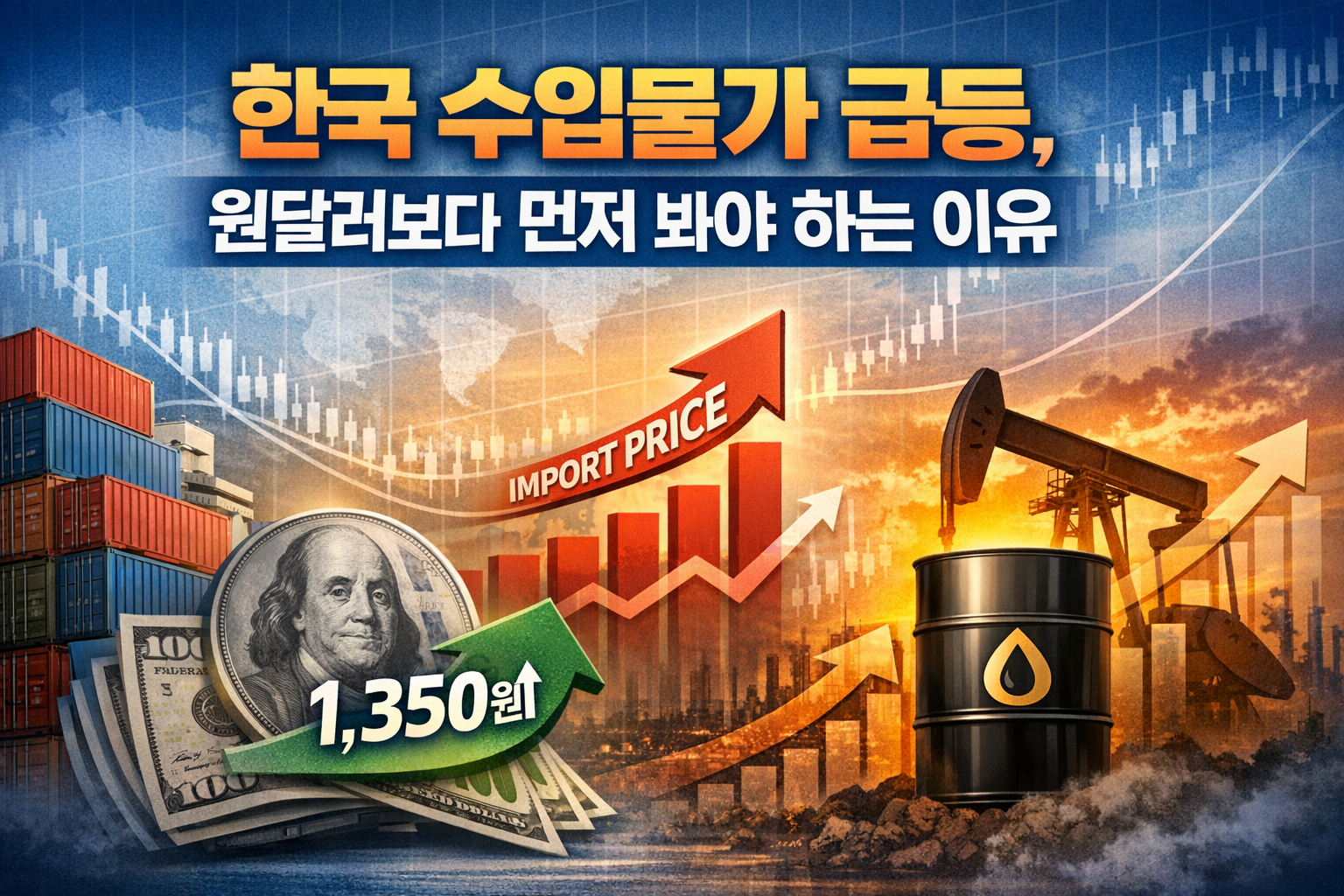 컨테이너와 달러, 유가 그래프와 상승 화살표를 배경으로 한국 수입물가 급등과 원달러보다 먼저 봐야 하는 이유를 표현한 경제 썸네일