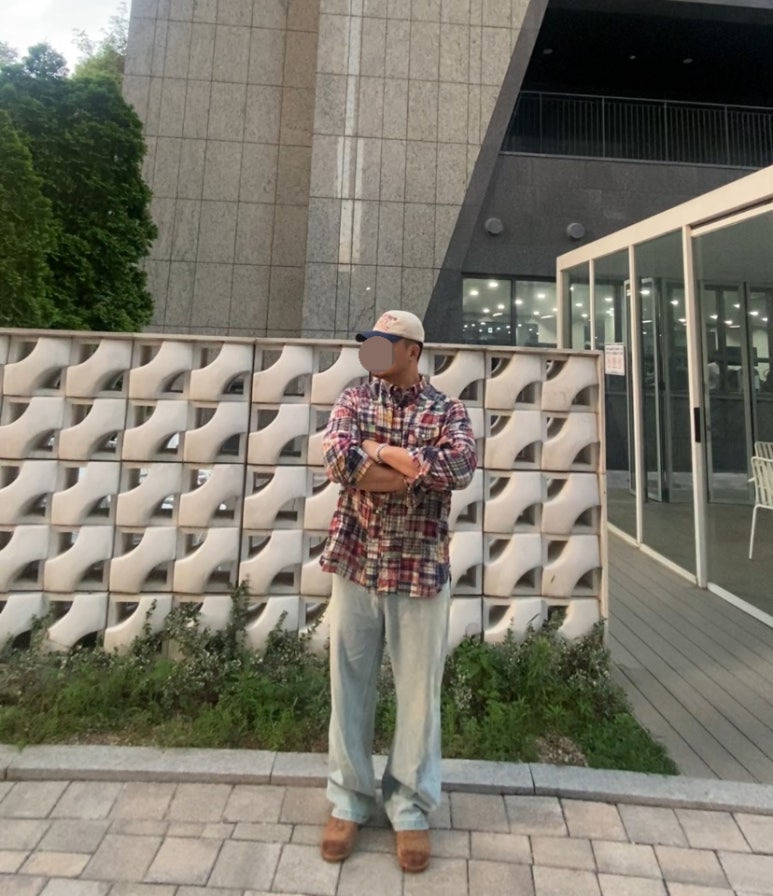 데일리룩('26. 7. 13.)곤니치와봉쥬르 빈티지 워싱 투톤 볼캡, 폴로랄프로렌 패치워크 마드라스 클래식핏 린넨셔츠, 에러스익셉티드 연청데님팬츠, 야세 YASE 스웨이드 더비슈즈