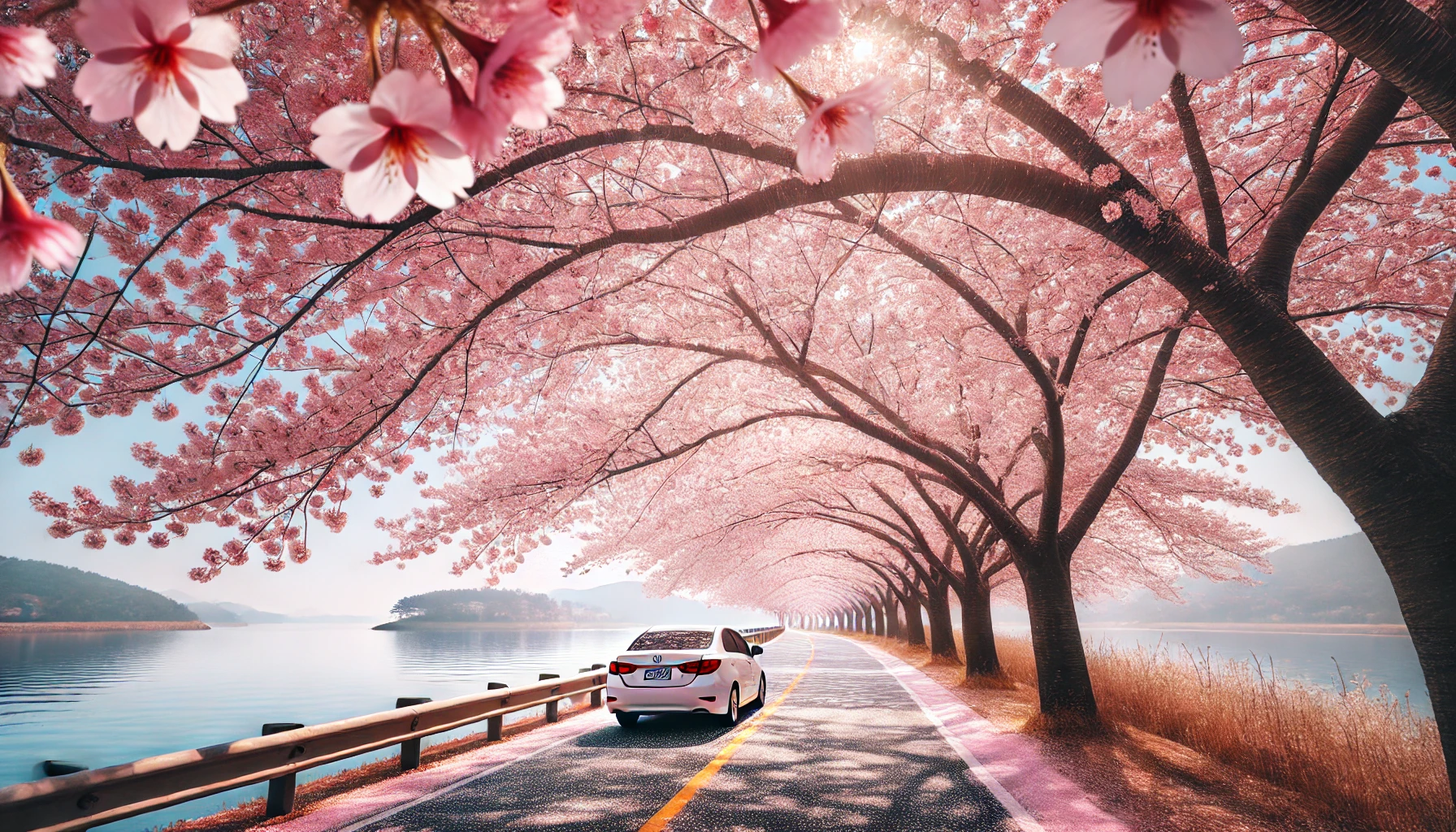 대청호 드라이브길 양쪽으로 벚꽃 이 휘날리고있다. 