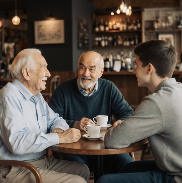 할아버지, 아버지, 아들, 3세대의 가족이 카페에서 편안하게 대화를 나누고 있는 모습