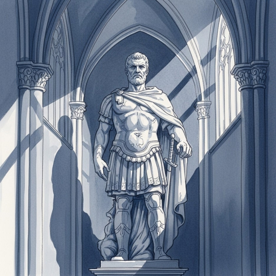 어두운 사원 안에 서 있는 엄숙한 분위기의 석상