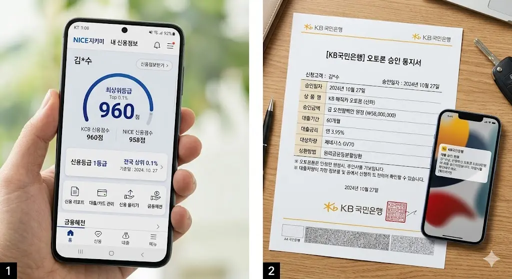 나이스 지키미 및 KCB 신용점수 960점이 찍힌 모바일 화면과 1금융권 오토론 승인 내역 사진