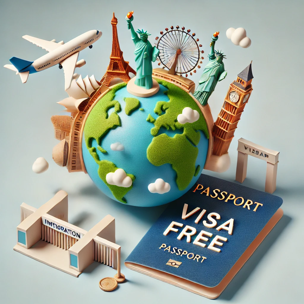 비자 없이 세계 여행하는 컨셉을 미니어처 스타일로 표현했어요. 여권, 'VISA FREE' 도장, 그리고 세계 랜드마크들이 조합된 심플한 상징적 이미지