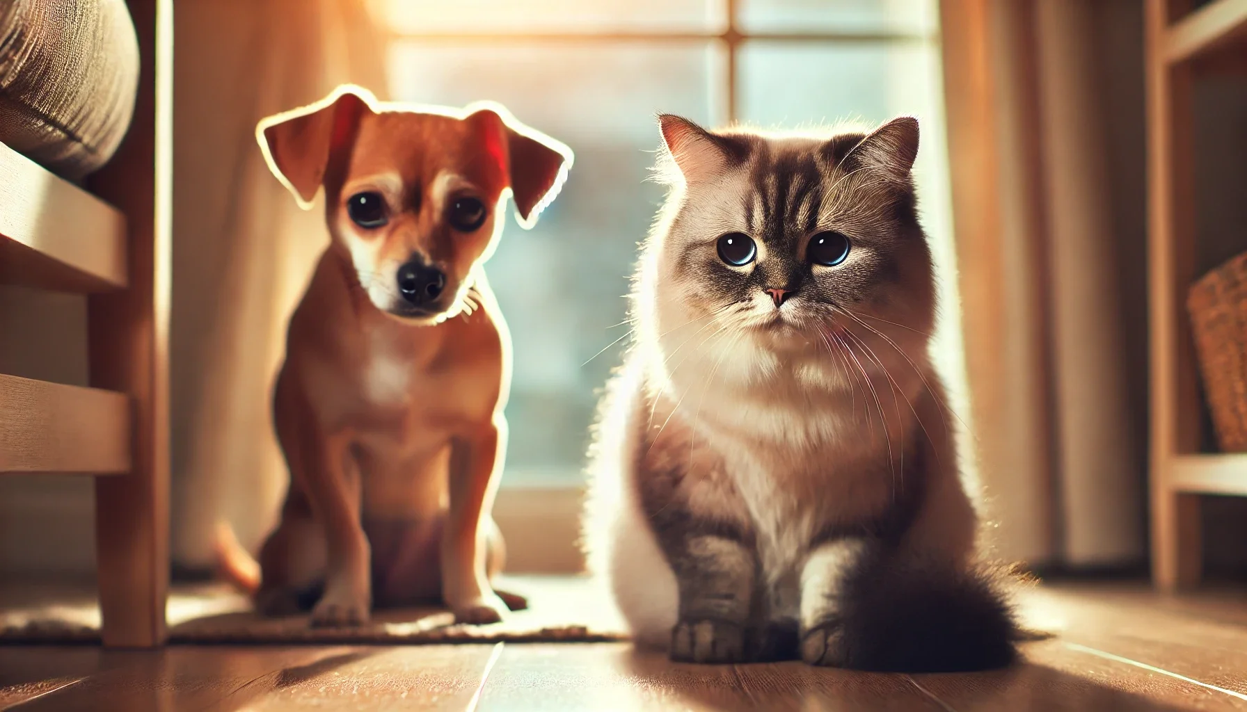 고양이와 강아지가 함께 앉아 있는 모습.