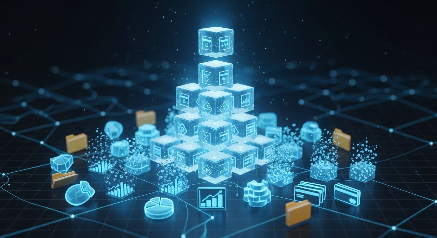 3D illustration of various data icons (documents, graphs, credit cards) transforming into digital cubes (tokens) and stacking up, visualizing the 'Data Asset' concept.