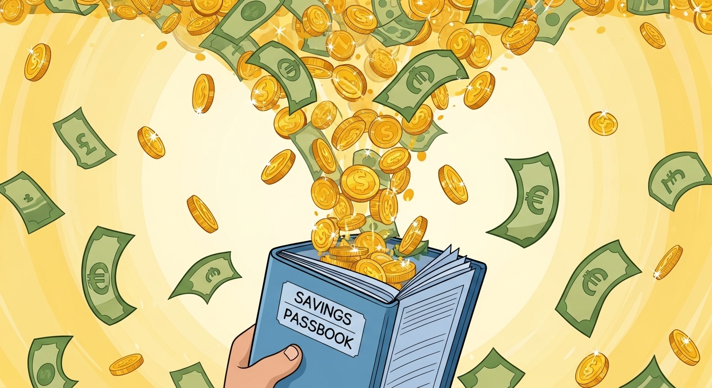 통장에서 돈이 쏟아져 나오는 애니메이션 같은 그림