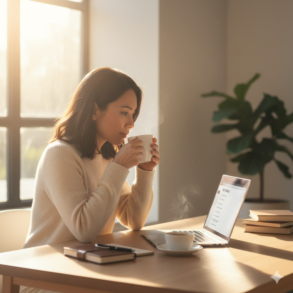 아침 햇살 아래 커피를 마시며 노트북 앞에서 하루의 목표를 세우는 직장인의 모습(이미지 생성:google)