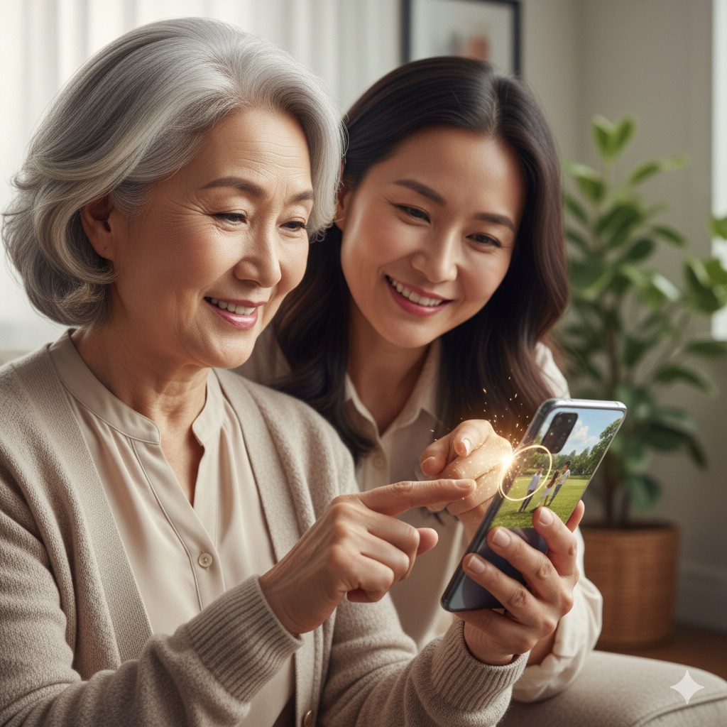 갤럭스 스마트폰으로 사진 편집하는 이미지