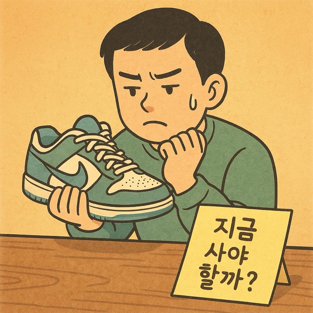 ‘지금 사야 할까?’를 적은 메모지 앞에서 한정판 운동화를 보며 고민하는 캐릭터