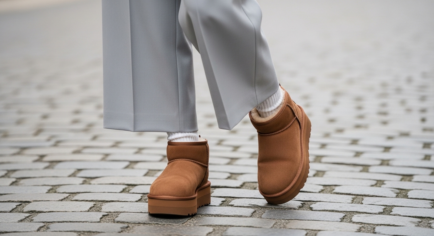 플랫폼 미니 어그 부츠를 신은 여성의 하체 클로즈업. 와이드 팬츠가 어그 부츠 위를 자연스럽게 덮어 다리가 길어 보이는 완벽한 핏을 연출하고 있다.